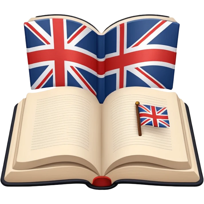 Minimalistic flat vector icon, iOS style, thin black contour on white background. Open book with a small UK/USA flag symbol. No text, no shadows. emoji