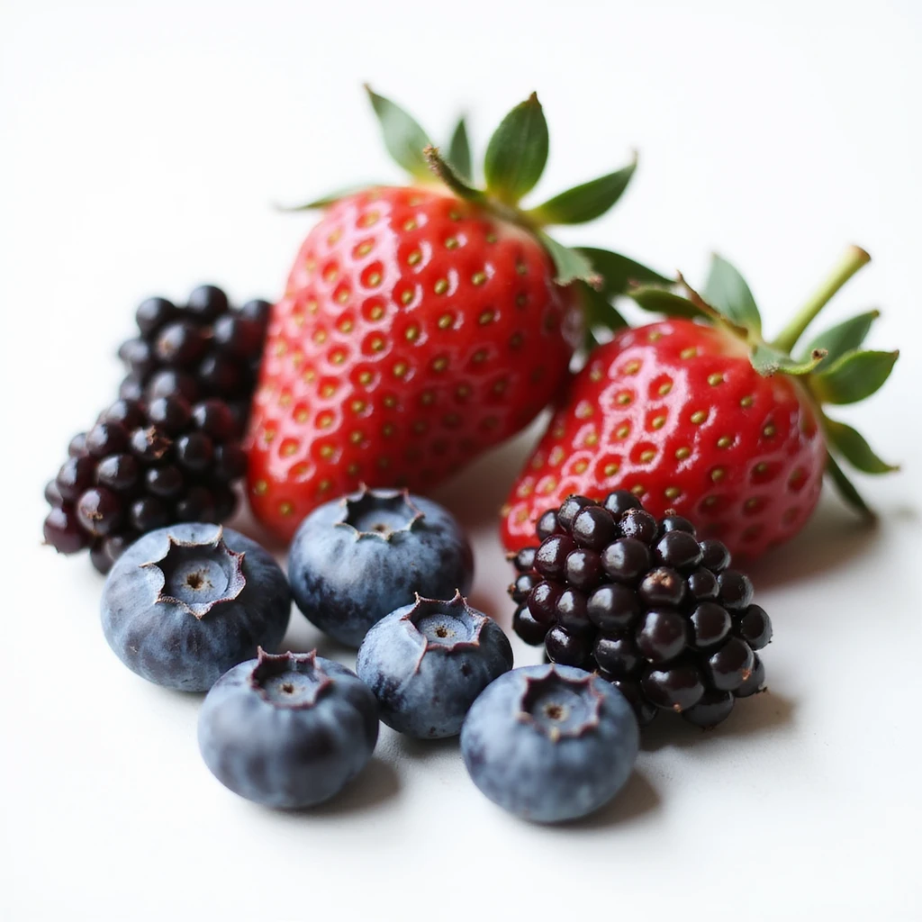 assorted wild berries (blueberries, raspberries, blackberries, wild strawberries) isolated on white background, no shadows, no background, realistic style, natural details emoji