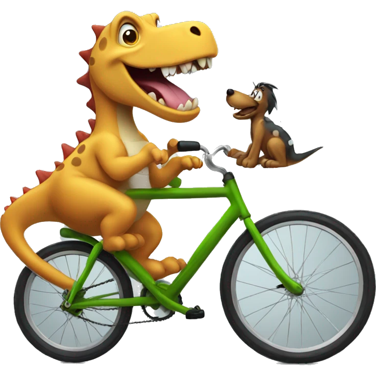 A goofy dino on a bike that is fighting a dog emoji