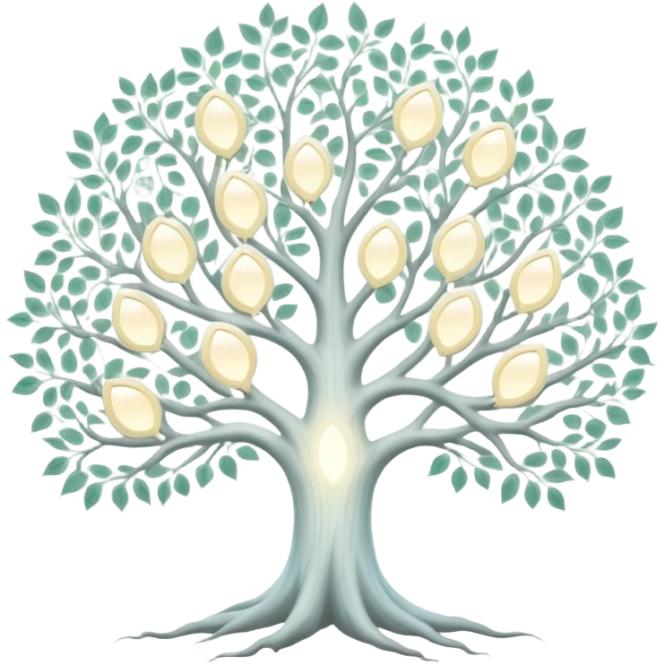 Mystical white tree with soft glowing portrait frames as leaves, ethereal genealogy connecting generations emoji