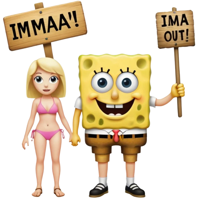 A high-detail cartoon illustration of SpongeBob SquarePants and a girl standing in the middle of Bikini Bottom. The girl is holding a wooden sign that says "imma head out" in bold black letters. emoji