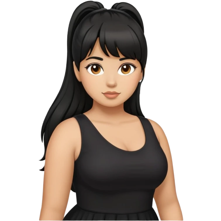 Latina girl with bangs black long hair in pony tail plus size black dress emoji