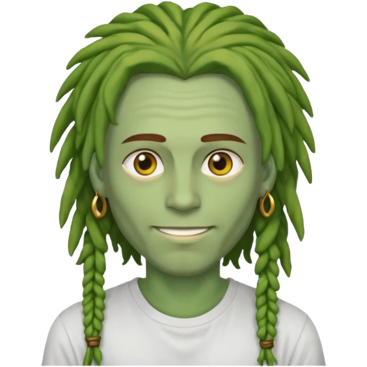 man with brown dreads covering forehead white tee golden eyes light green skin  and white smile emoji