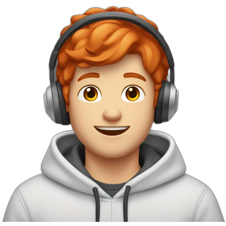 male guy; red hair; gelled hair; hoodie; headset; smile; hand up emoji