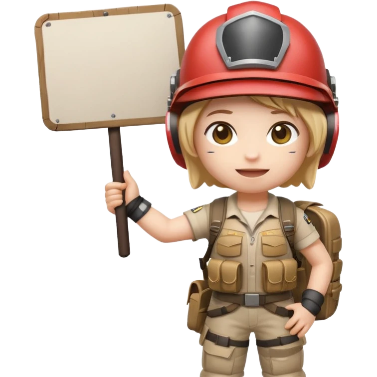 Create a cute emoji-style PUBG Mobile character, chibi version with helmet and backpack, standing in victory pose, holding a blank white sign or paper sheet in both hands in front of chest, ready for text, clean white background, simple emoji design” emoji