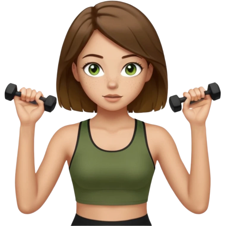 Girl with green eyes, brown hair shoulder length, light skin, and freckles wearing an olive green crop top with black leggings working out, she has light gorgeous lashes emoji