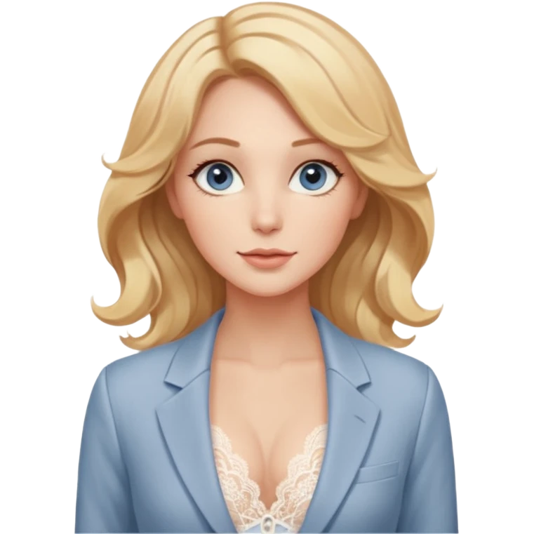 Sticker pack featuring a gentle woman with fair skin, wavy honey-blonde hair, and calm gray-blue eyes. She wears blush lace lingerie and a white blazer, radiating soft confidence and warmth. The style is elegant, minimalistic, and expressive — ideal for romantic, cozy, and tender sticker moods. emoji