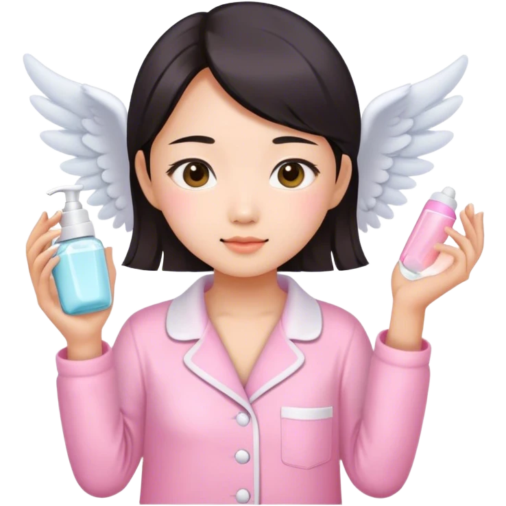 angelic asian girl doing skin care in pink pajamas emoji