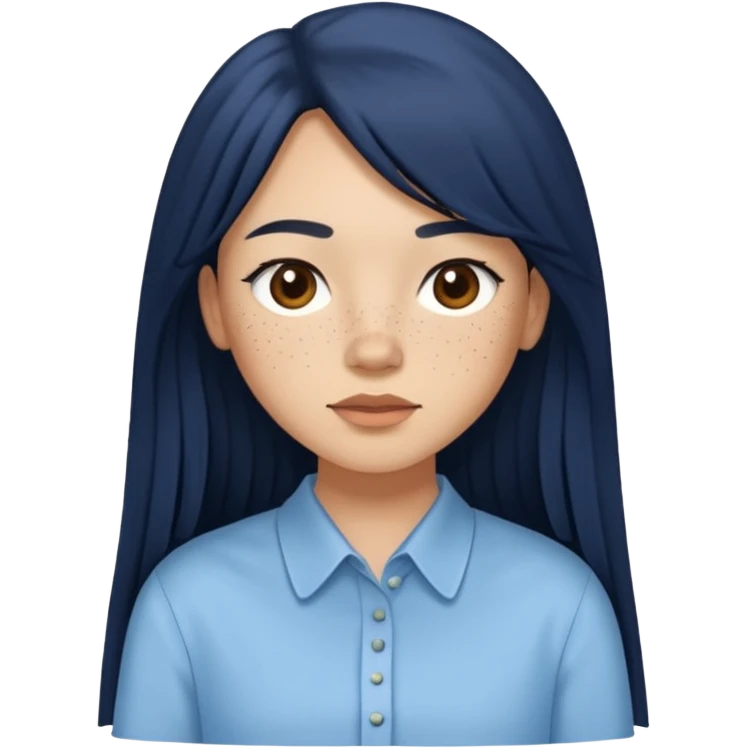 hair : black long hair with fringe 
skin : light with freckle
cloth : oversize light blue shirt + navy long long skirt 
 emoji