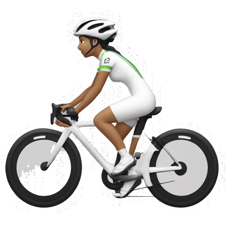 Ciclista MUJER de piel morena clara de contextura delgada estatura alta con zapatillas de ruta blancas licras negras y maillot blanco casco blanco emoji