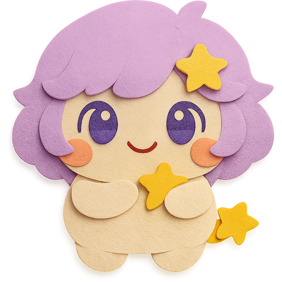 Remove the yellow moon from the hair but keep the yellow star. Preserve all other hairstyle features and colors. Add a super cute, soft, and adorable smile. Keep the full body and maintain the paper craft style with clean lines and transparent background. emoji