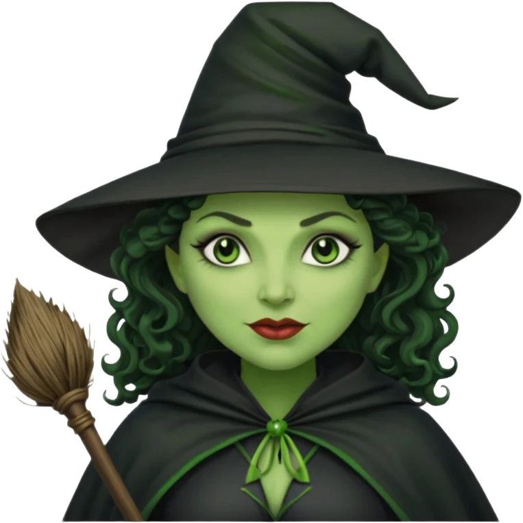 elphaba wicked witch with broom close up, evil dark curly hair, green skin, thick lips, cheekbones, smirk evil menacing cythia erivo dark aesthetic black hat cloak  emoji