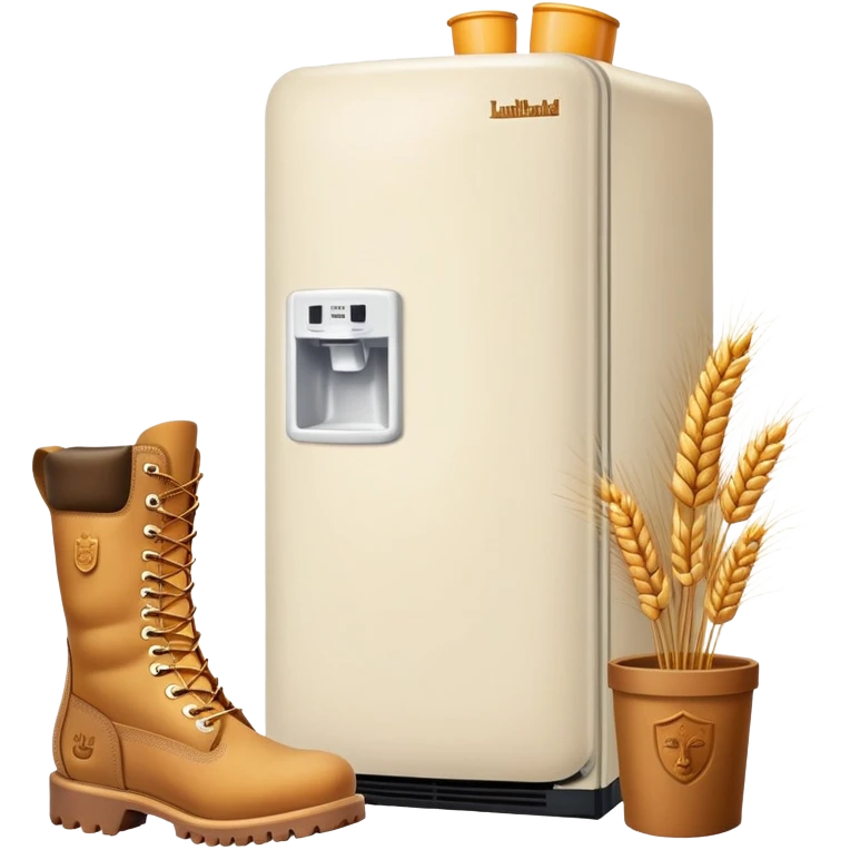 A white refrigerator with a camel head on top, and four Timberland-style wheat colored work boots attached to the bottom corners emoji