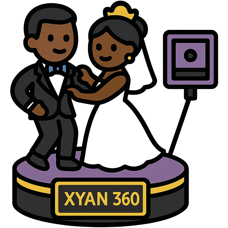 small simple icon of a Black bride and groom dancing on a 360 spin booth with an iPad as the camera for the booth, 'Xyan 360' signage, purple gold and black accents, luxury wedding event style emoji