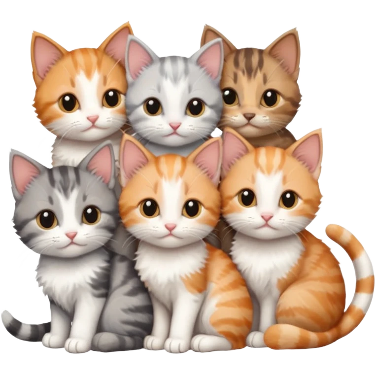 6 tiny kittens cuddling together all various different natural colours including grey and white, ginger and white, calico, grey, and brown tabby and white emoji