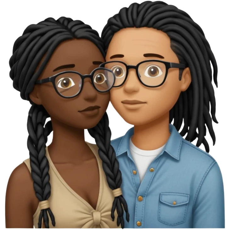 black couple with locs, dark skin with long jet black locs, light skin with glasses and BLACK locs tied up kissing emoji