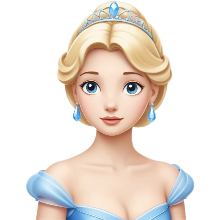 Cinematic Elegant Cinderella Portrait Emoji, rendered in a cinematic, vector-style with minimal shading and bold, simplified shapes. Depict Cinderella in her classic ball gown (chest and above) with fair, porcelain skin and elegantly styled blonde hair, her eyes soft and kind, and her expression serene and graceful. The design glows with a gentle, enchanting radiance and high shine, capturing the timeless beauty of a fairy tale princess. emoji