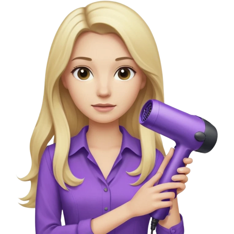 blonde woman with long hair, beige blouse, and purple Dyson hair dryer, iOS emoji style emoji