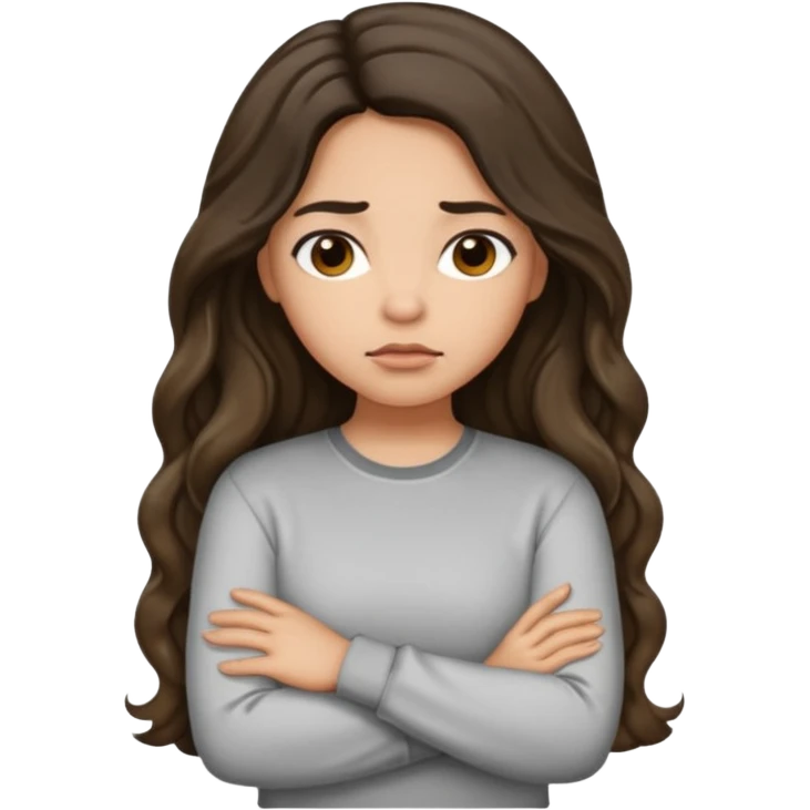 Hispanic light tan girl with long dark wavy hair pouting and arms folded. Wearing a long sleeve. Hair with middle part. emoji