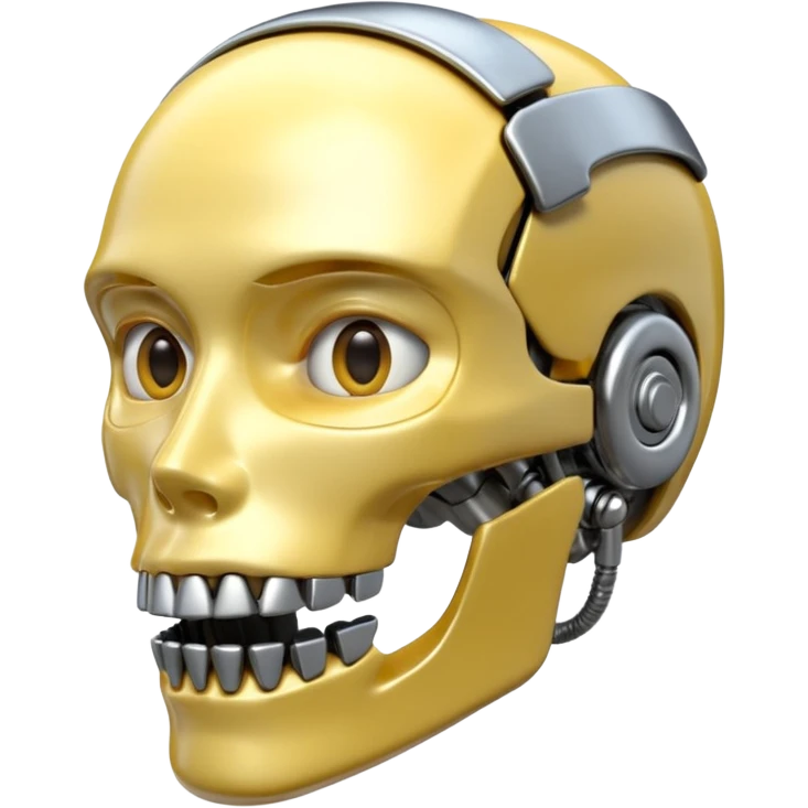 3D render of Steel Jaw, futuristic cyborg aesthetic, fusion of organic skin and chrome metal, brushed steel lower jaw attached to a pale skin face, emoji style, isolated on white background --v 6.0. emoji