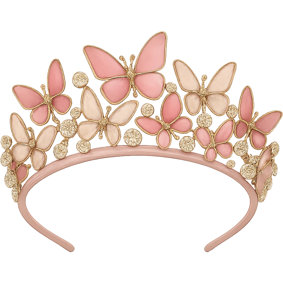 butterfly crown with a blush pink base, butterflies in rose and champagne enamel, sparkling gems, transparent background emoji
