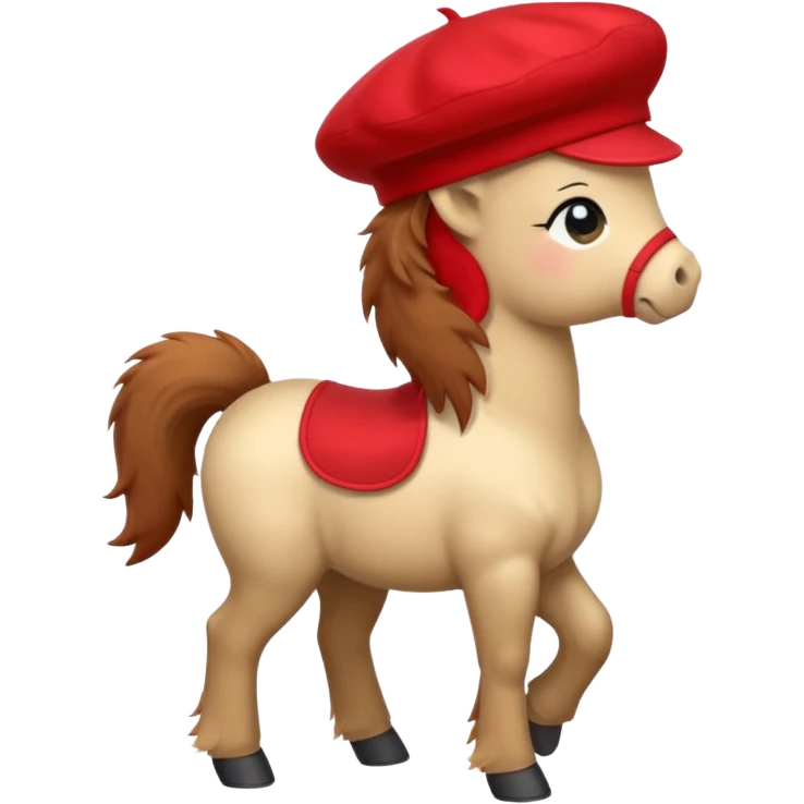 A cute pony (horse) emoji, full body, standing in side view, wearing a stylish red beret. emoji