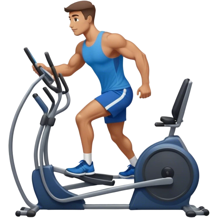 buff guy in blue shorts using elliptical emoji