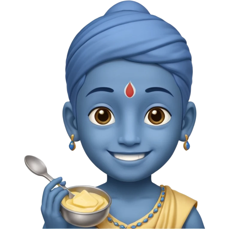Kid Krishna, smiling, sitting with butter pot, blue skin emoji
