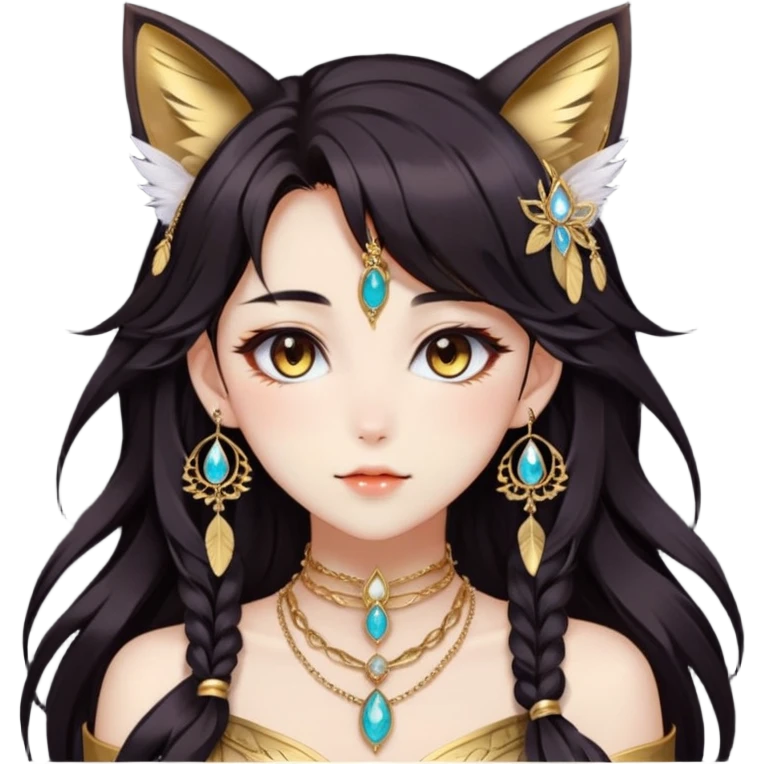 Beautiful gorgeous anime lady with beautiful dark-brown-special-hair, fashion aesthetic, ethereal, feather, accessories, gold jewelries, gold, colorful, feline ears,  emoji