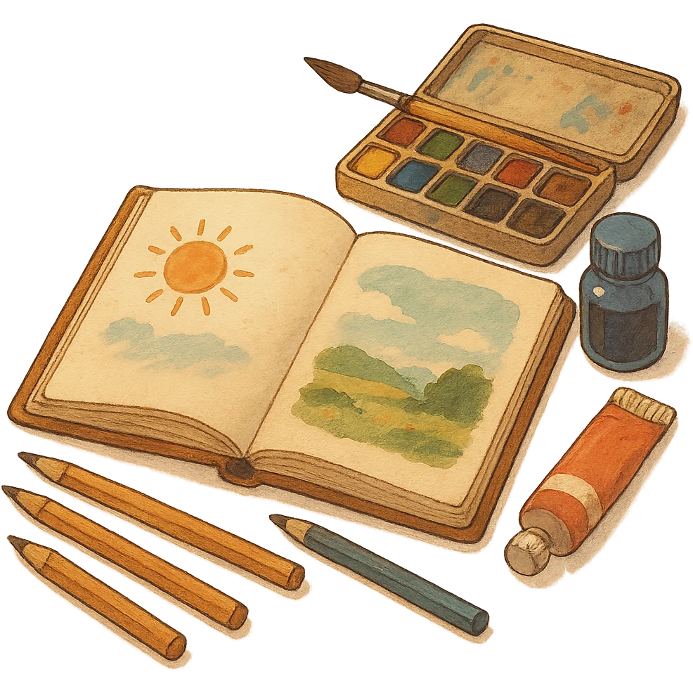 ghibli style illustration of a sketchbook with art supplies, warm and inviting emoji