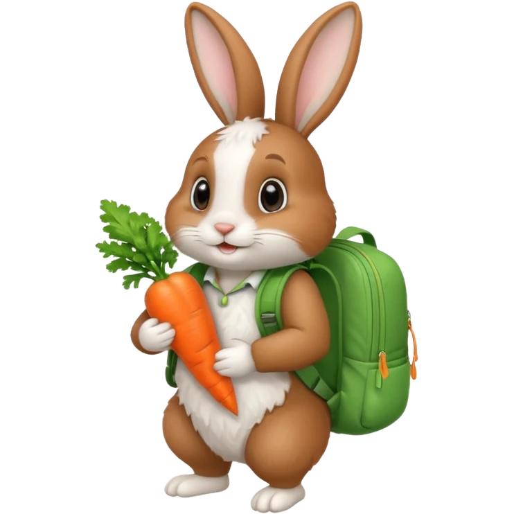 A brown & white, bunny with a green backpack, holding a carrot emoji
