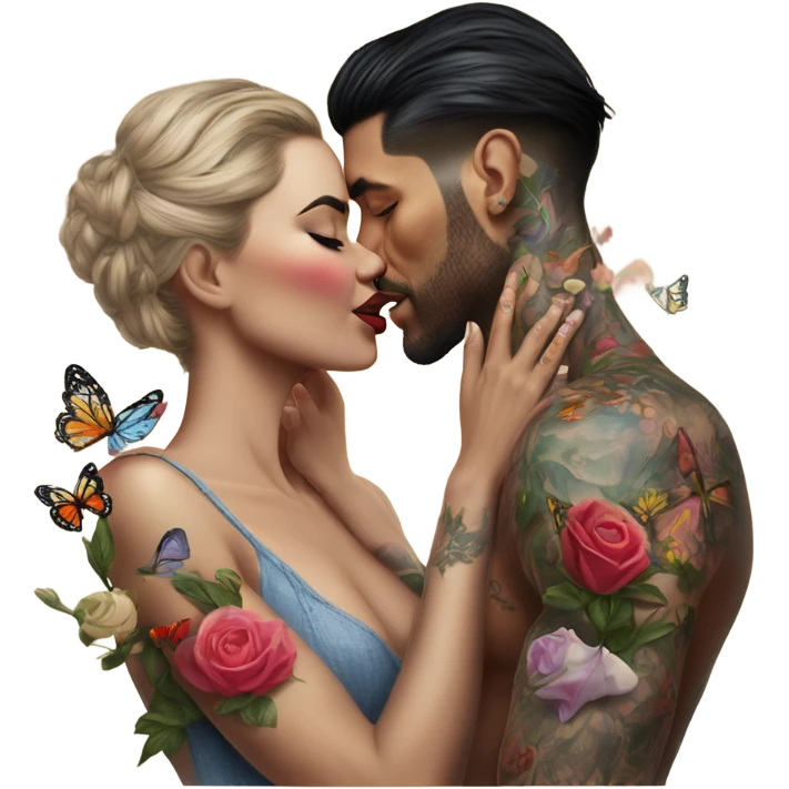 Hyper Realistic beautiful woman being kissed by a handsome tattooed man holding flowers with butterflies  emoji