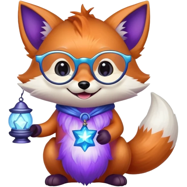 A small magical fox with shimmering purple and blue fur, a glowing fluffy tail, a silver star on its forehead, and round glasses, holding a tiny magical lantern, laughing with tears of joy in its eyes. 🦊😂 emoji