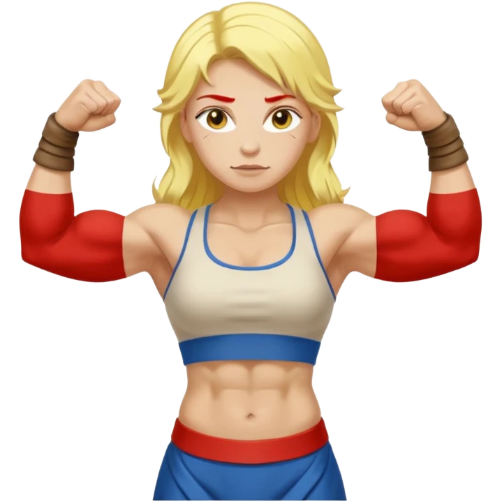 slavic girl, medium size yellow hair, flexing muscles, full body, muscled, with traditional slavic outfit emoji