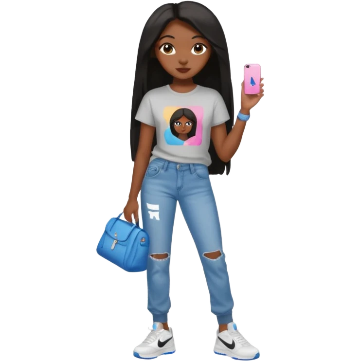 face girl with nails and cute make up black girl strait hair super long  top and slim body and baggy jeans and nike choes emoji