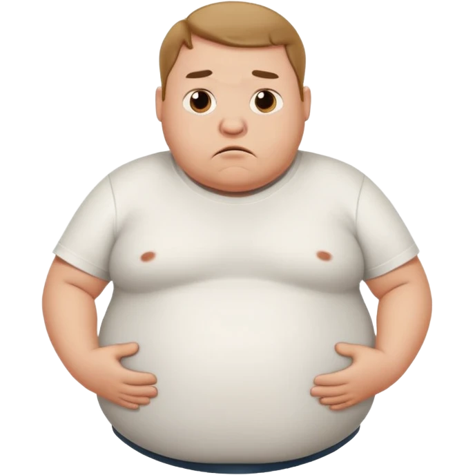 a cartoon fat man holding his stomach wearing t shirt, while looking confused?  emoji