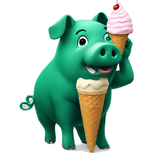 Dark green pig doing handstand with ice cream cone emoji