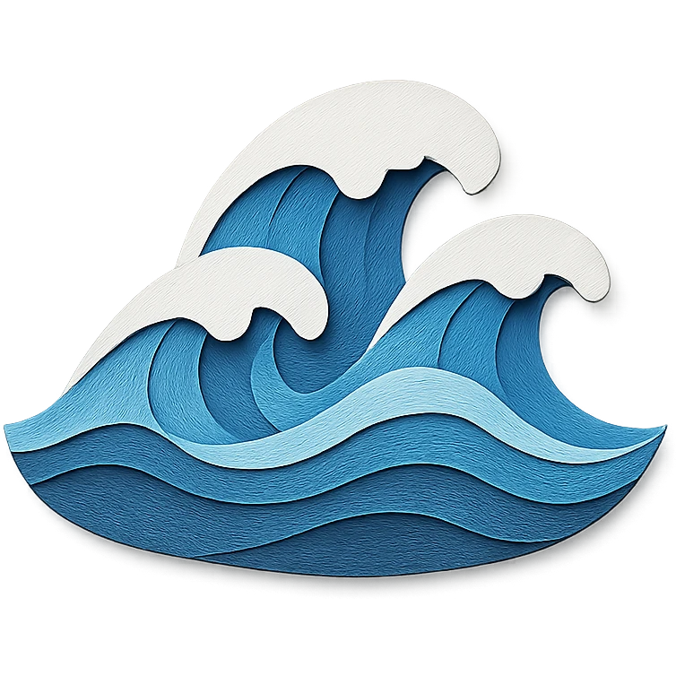 illustration of ocean waves made of layered blue paper with white foam accents in paper-craft style emoji