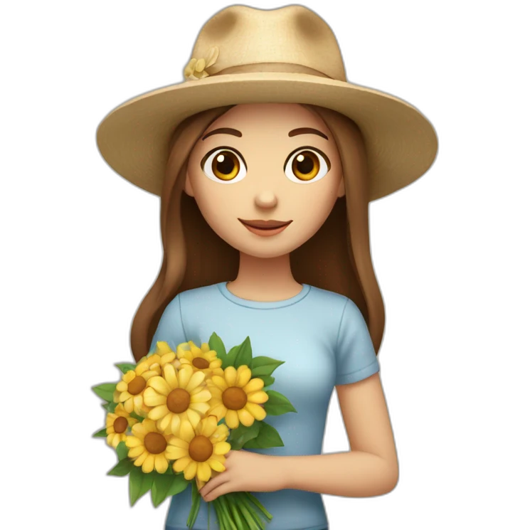 white skin, Girl with a hat, brown hair straight to the shoulders, holding a bouquet of flowers emoji