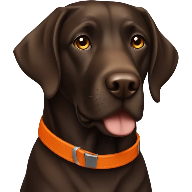Dark brown Labrador retriever with orange collar looking straight emoji