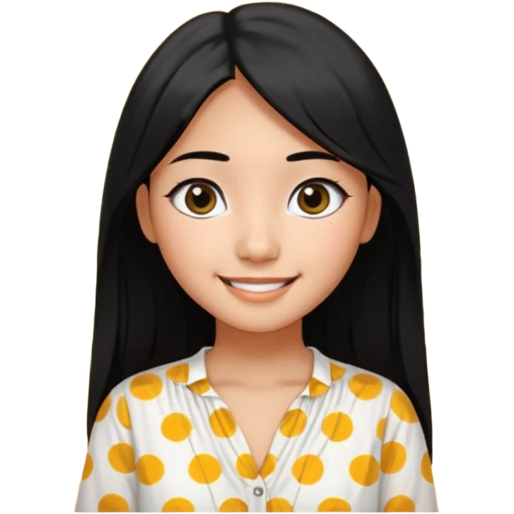 20 yr old asian woman hair white blouse with black dots center part big eyes big smile tanned skin straight black hair hippie part hair  emoji
