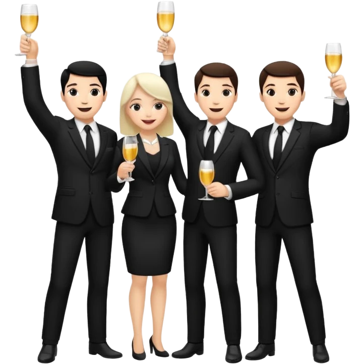 Un equipo de venta con trajes negros, personas blancas solo 3 celebrando un logro con un brindis. El fondo negro totalmente  emoji