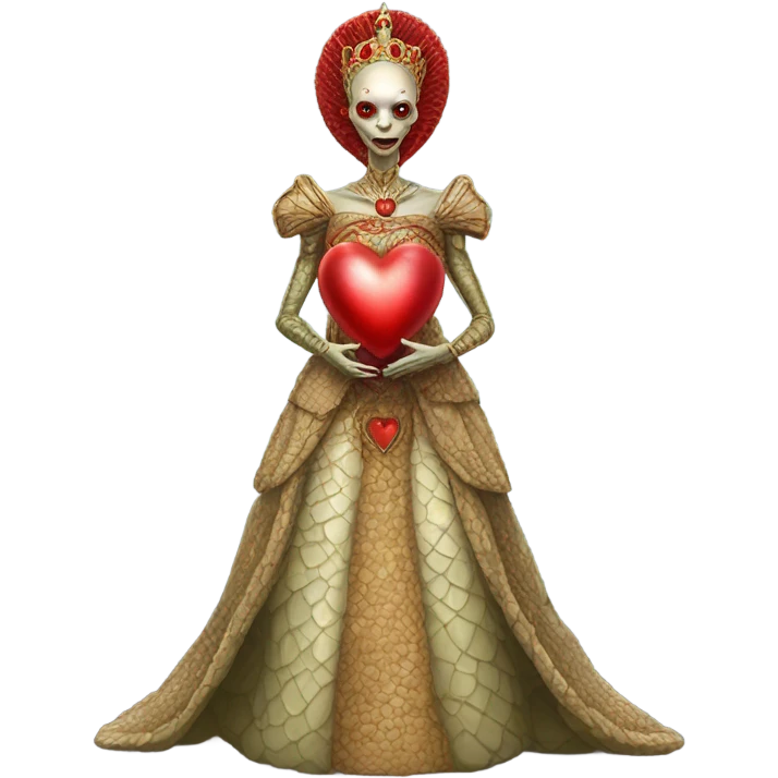 a Reptilian alien woman full body in Romanov dress, holding big red heart emoji