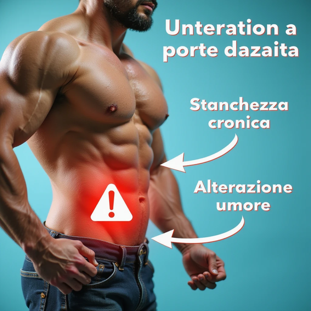 realistic infographic in Italian: side view bodybuilder, lower torso highlighted with attention symbol, arrows pointing to 'Stanchezza cronica' and 'Alterazione umore', vibrant colors, medical style, white background emoji