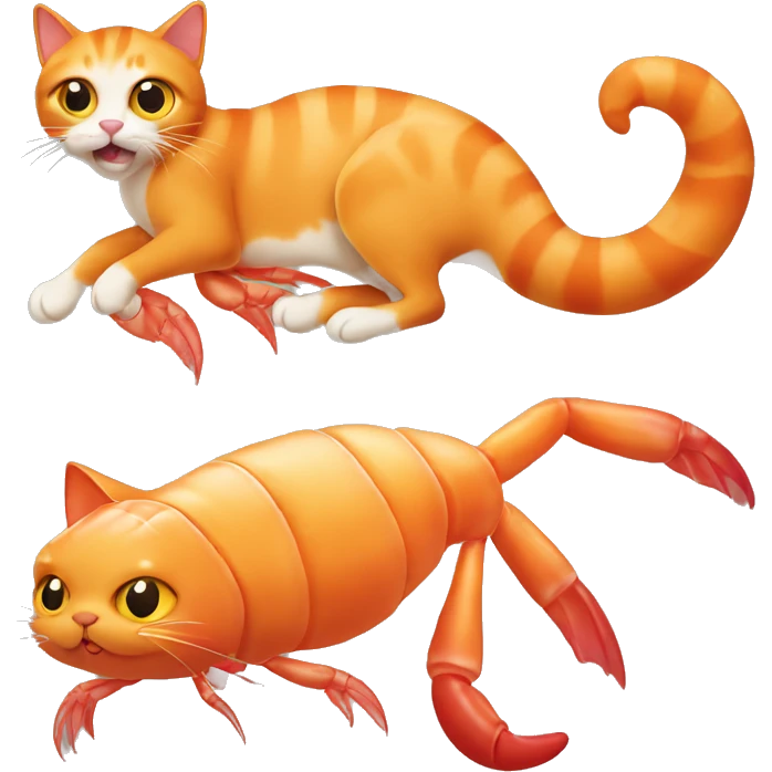 orange cat with a crustacean shrimp body emoji