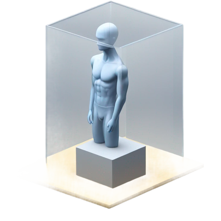 male mannequin abs cubes inside a glass cube on a stand isometric view emoji