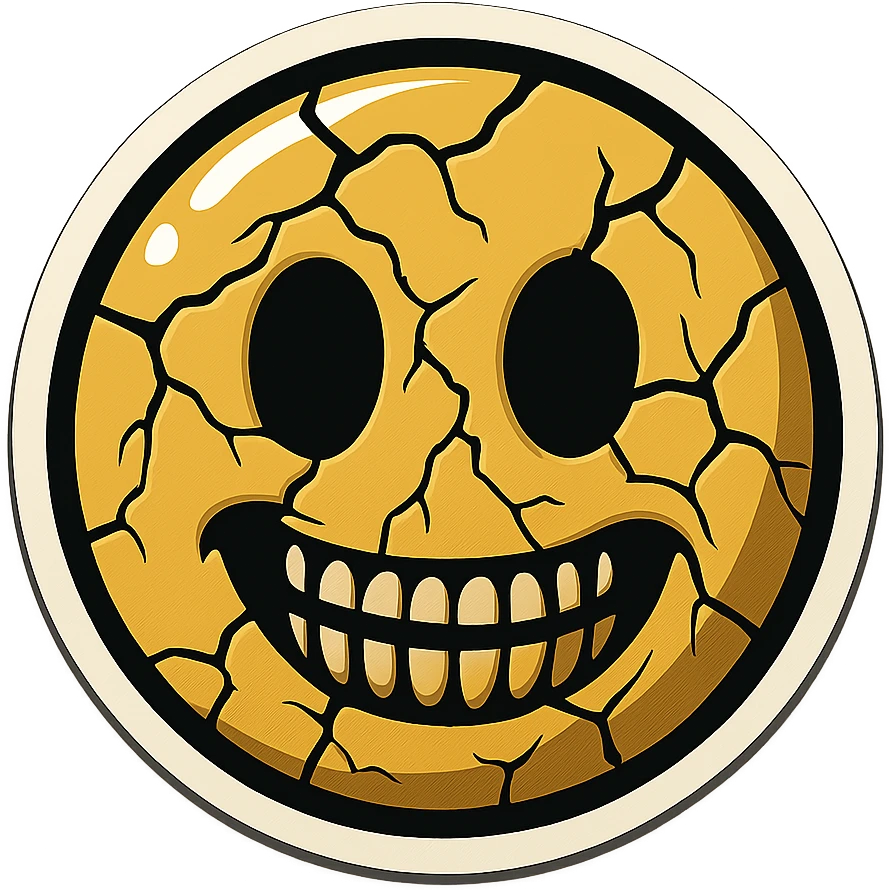 scary cracked emoji with empty eyes, retro stickers style, sharp black outlines, clear shadows and highlights, no gradients emoji