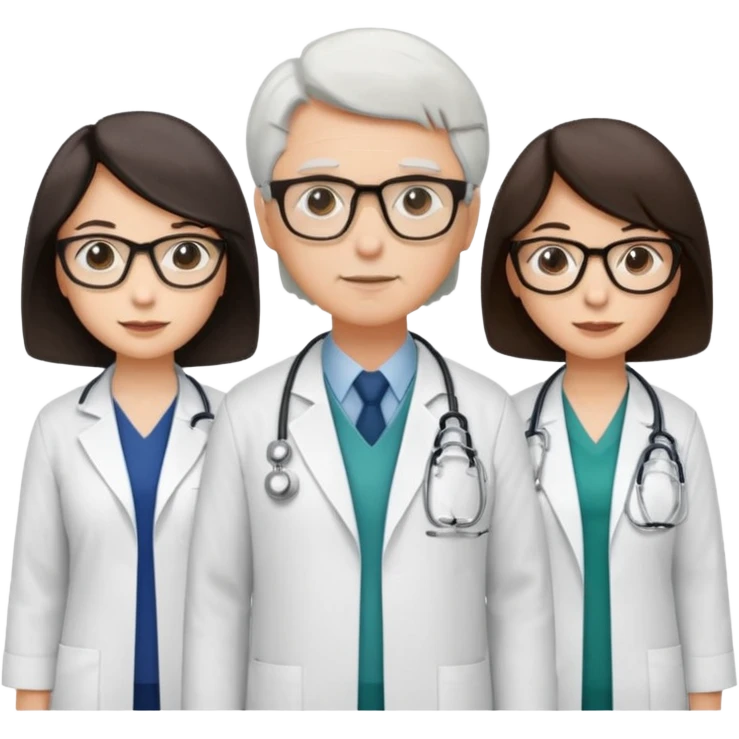 Four doctors standing together:

a female doctor with dark-colored short bob hair,

a young male doctor,

an older male doctor with white hair wearing glasses,

and a female doctor wearing glasses. emoji