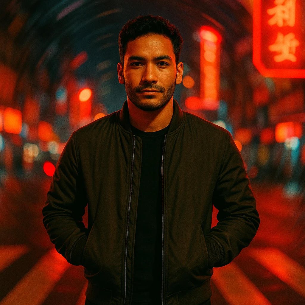 Create a cinematic night scene of a Southeast Asian man in his early 30s with medium tan skin, standing in a crosswalk with neon lights and spiral blur. The man has hands in pockets, wears a dark bomber jacket, has a confident expression, soft flash, warm saturated colors, 35mm film style, urban nightlife. Use the reference image for face. emoji