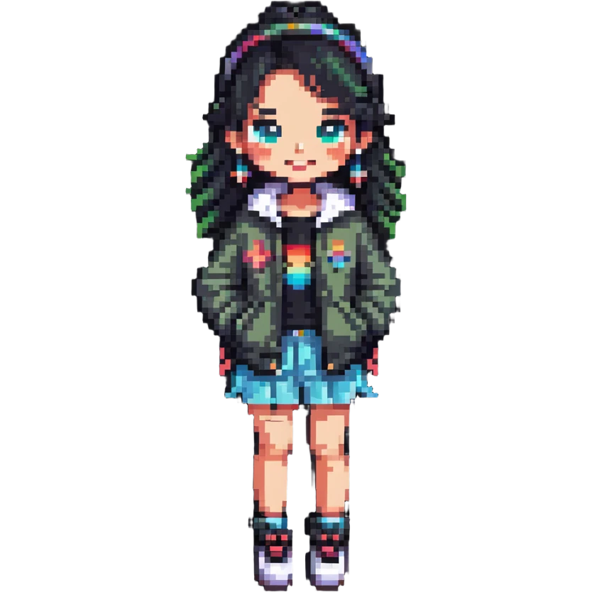 confident, fashionable girl character, stylish and bold, wearing trendy clothes, cheerful expression, pixel art style emoji